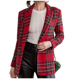 English Factory Tartan Plaid Long Sleeve Single Button Blazer Red Women's SZ S